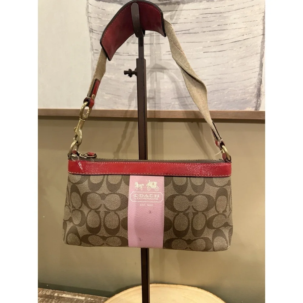 Coach Brown‎ Heritage Jacquard Pink Stripe Red Hobo Shoulder Bag Y2K